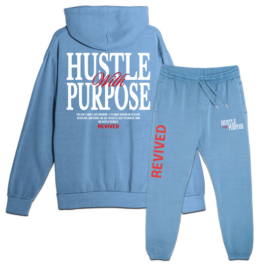 Hustle With Purpose Garment Dyed Pebble Blue Hoodie Set.